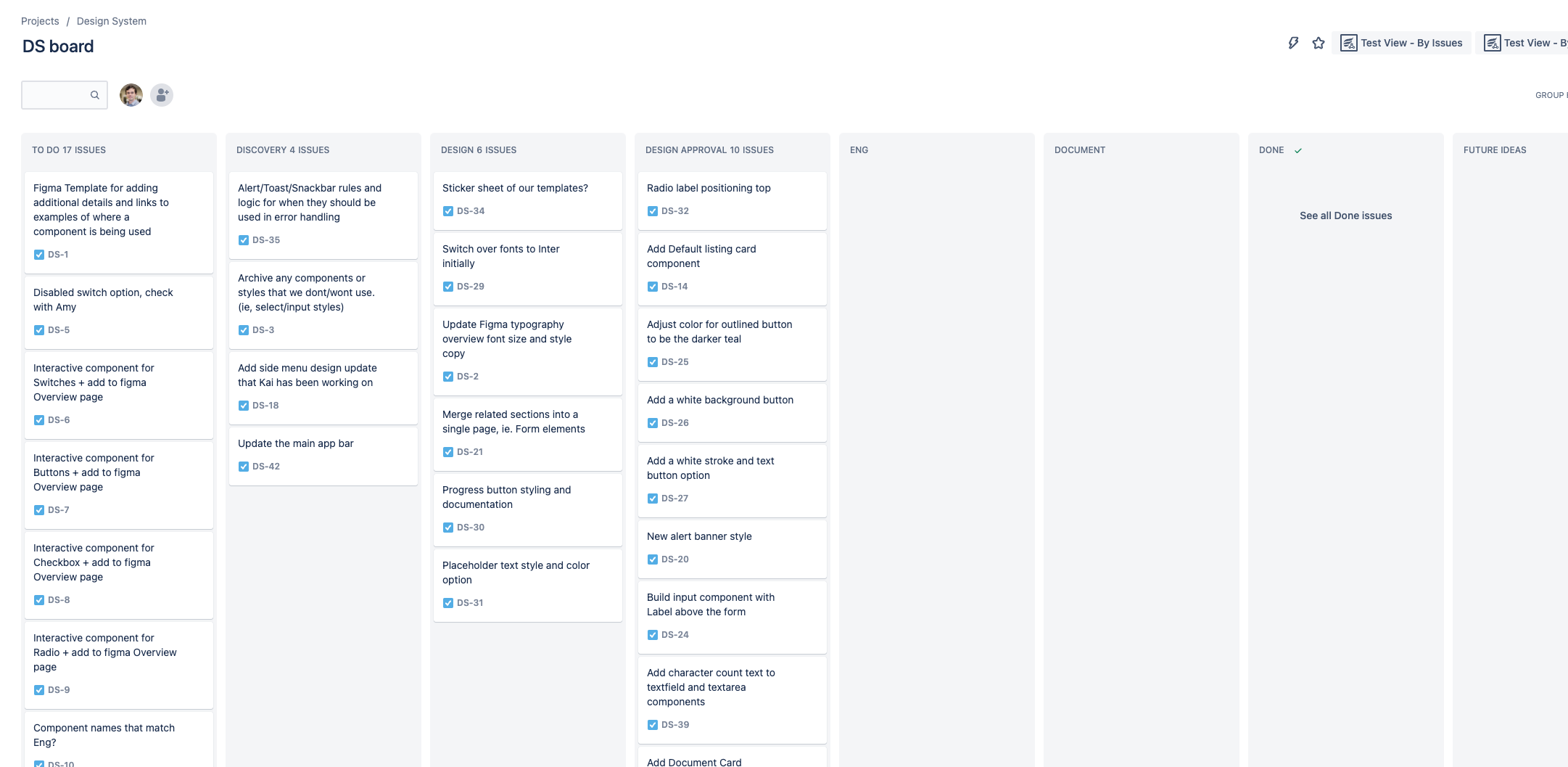 Jira board with multiple columns showing what design system tickets were in progress
